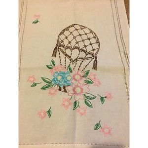 Vintage Hand Embroidered Table Runner Dresser Scarf Balloon Pink Blue Flowers
